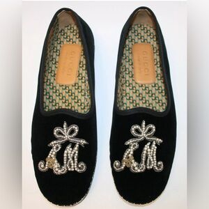 Gucci Black Velvet Am Pearl Appliqué velvet Loafers Flats slipper New In Box 8.5